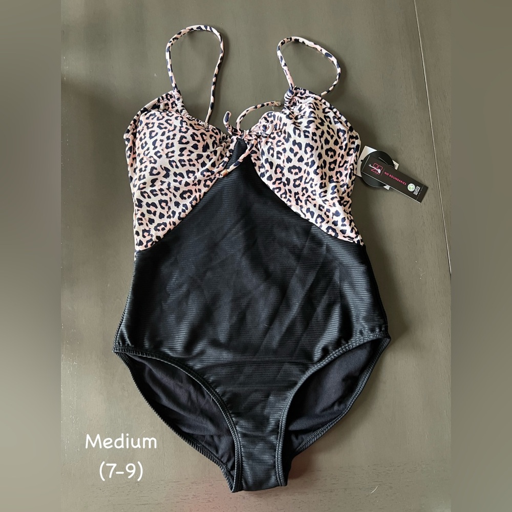 Leopard Print and Black One Piece Swimsuit